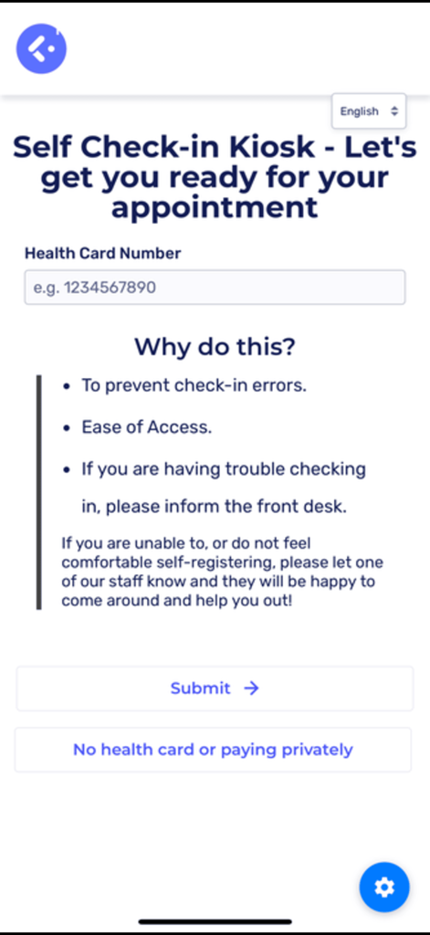 A medical self check in screen on a clinic kiosk tablet showing a health card input field