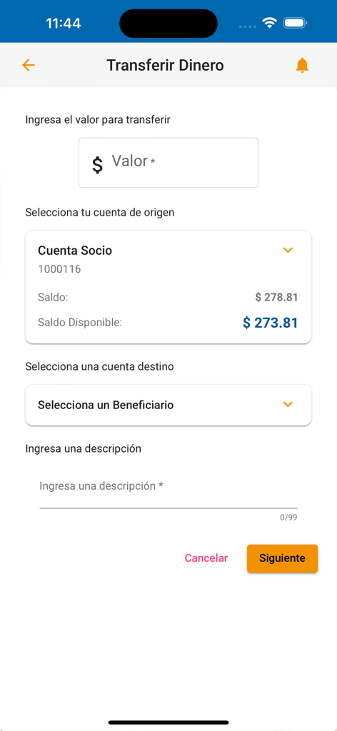 EcuaMovil app interface for money transfers showing source account balance and beneficiary selection