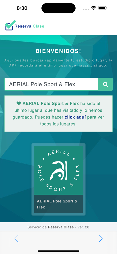 Pantalla de bienvenida de la aplicación móvil Reserva Clase que muestra una barra de búsqueda y la selección reciente del estudio para Pole Sport Aéreo y Flex.