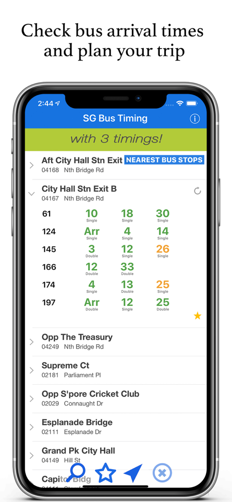 L'application SG Bus Timing affiche les horaires d'arrivée des bus en temps réel à la gare de City Hall.