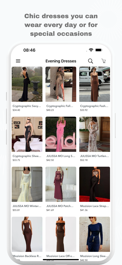 Interfaz de una app móvil que muestra una variedad de vestidos de noche asequibles para mujer