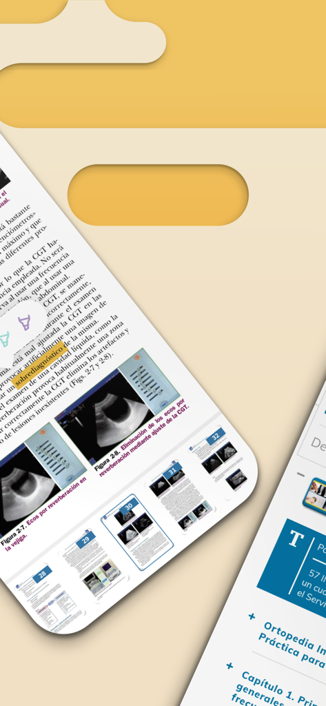 Medical ebook page in Spanish showing ultrasound imagery on the Mi Eureka app
