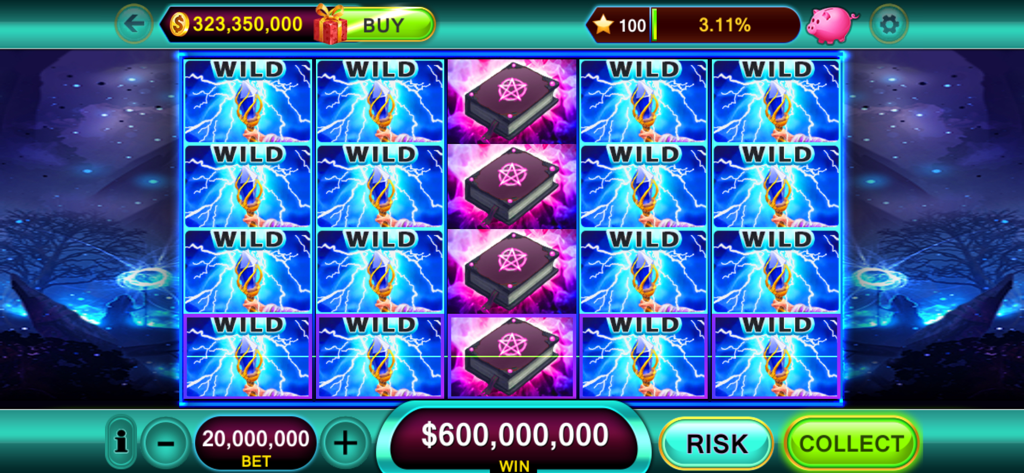 Casino Slots: Slot Machines - Ein Spielautomat-Gameplay-Bildschirm mit einem magischen Thema, der Wild-Symbole und einen großen Gewinnbetrag zeigt.