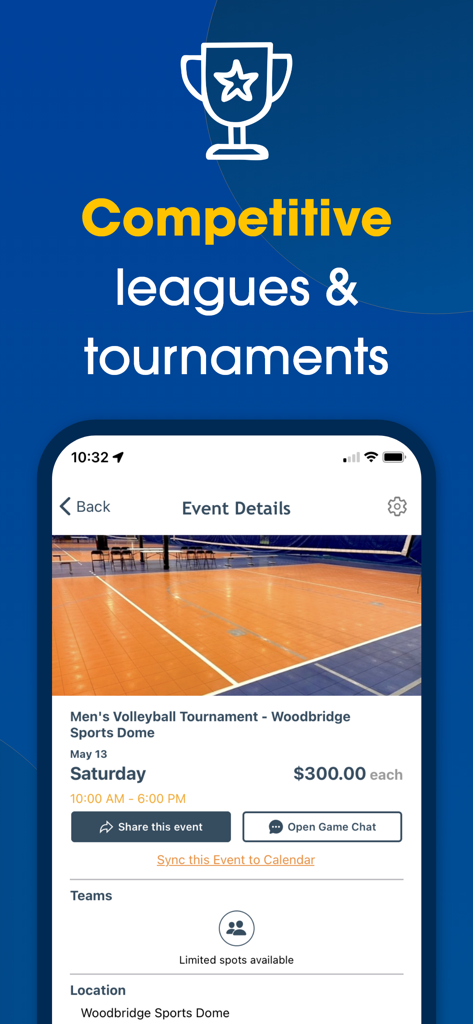 Mobile app interface for Javelin showing competitive volleyball leagues and tournament event details.
