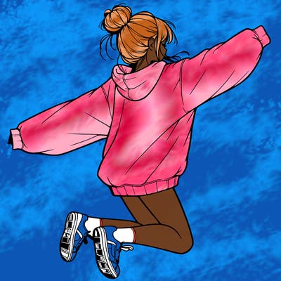 realistic girl jumping with a bun and oversized sweatshirt