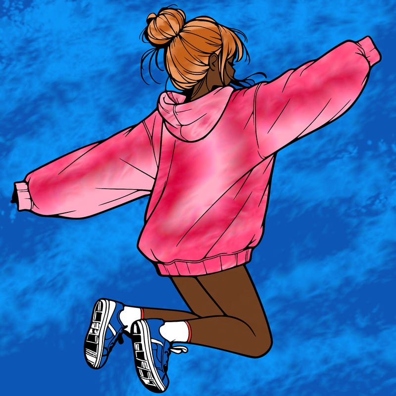 realistic girl jumping with a bun and oversized sweatshirt