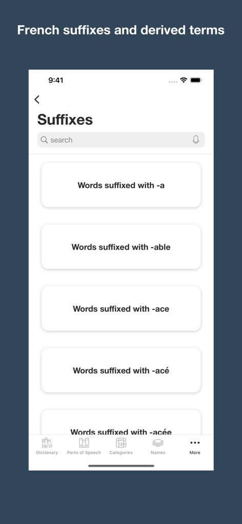 A screen from the French Etymology and Origins app showing a list of French suffixes like -a, -able, and -ace.