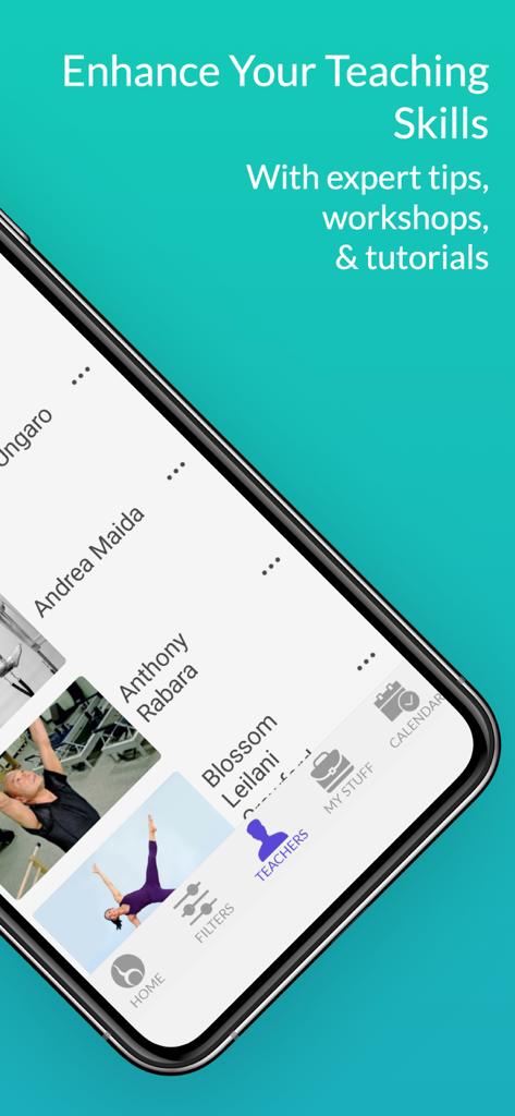Pilatesology app screen showing a list of classical Pilates instructors and expert workshops.