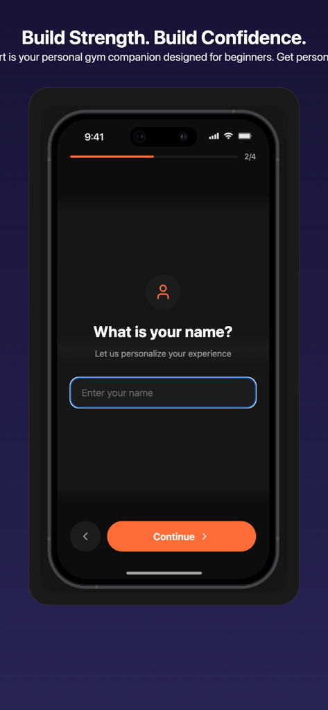 FitStart App - FitStart App onboarding screen asking the user to enter their name for a personalized fitness experience.