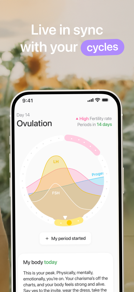 Captura de pantalla de la aplicación Harmony que muestra la interfaz de la fase de ovulación con gráficos de seguimiento hormonal e información sobre la tasa de fertilidad.