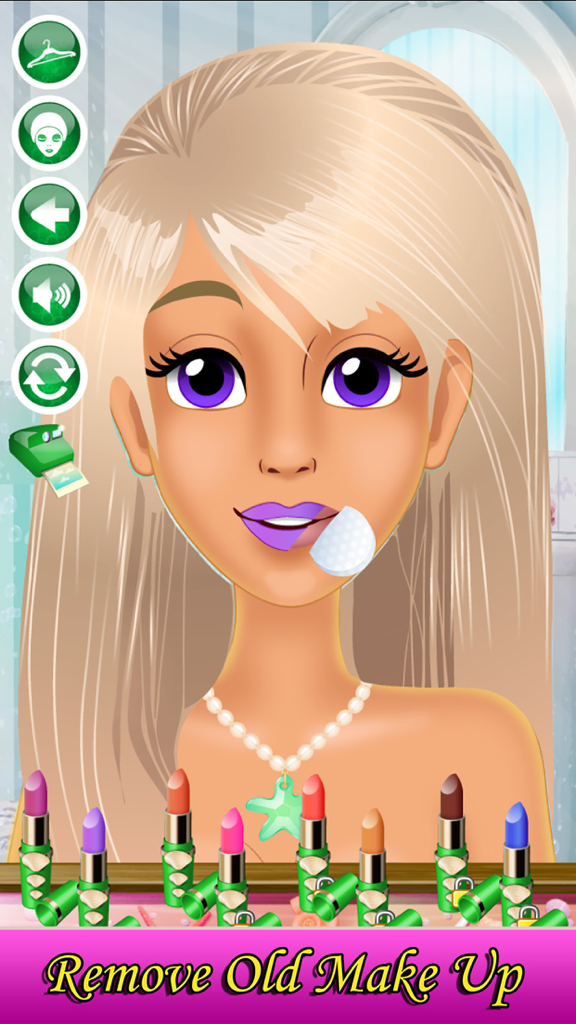 Mermaid Makeover & Salon Spa - Removing purple lipstick from a blonde mermaid in a virtual makeup salon game.