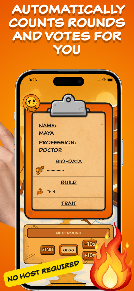 A smartphone screen showing a character profile for Maya the Doctor in the Bunker Board game with a banner stating no host required.