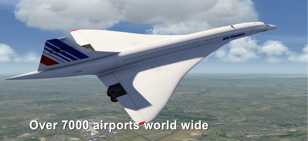 Air France Concorde supersonic jet flying over a photorealistic landscape in Aerofly FS Global.