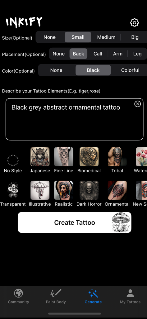 Interface do aplicativo Inkify mostrando opções de tamanho, colocação e estilo para gerar um design de tatuagem de IA personalizado a partir de um prompt de texto.