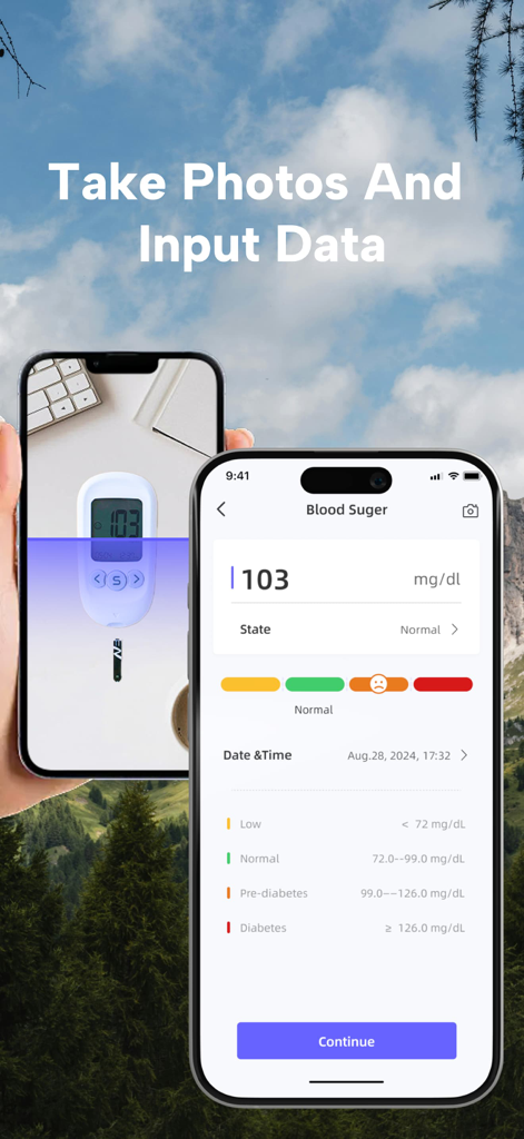 AI Health Pulse - Heart Rate - Interface do aplicativo AI Health Pulse mostrando rastreamento de açúcar no sangue e um recurso de digitalização de fotos para medidores de glicose.