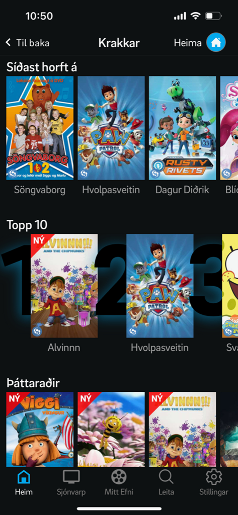 Interfaz de la aplicación Sjonvarp Simans mostrando la sección infantil con varios programas animados