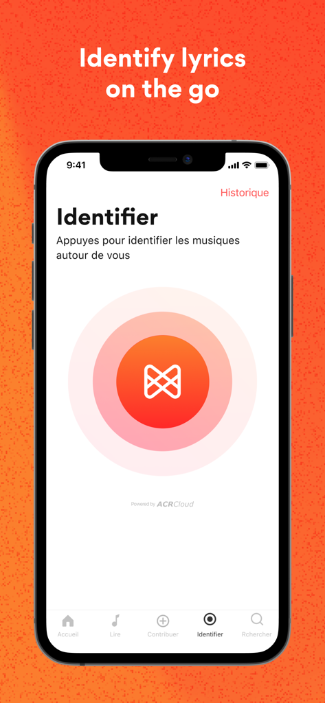 Smartphone screen showing the Musixmatch app song identification feature
