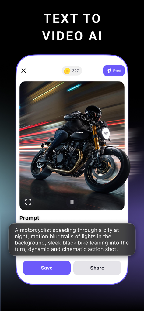StoryZ mobile app interface showing the text to video AI feature with a generated video of a motorcyclist based on a text prompt