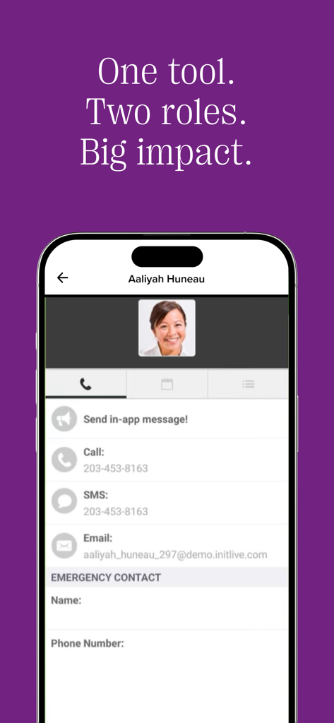 Bloomerang Volunteer app screen displaying a user profile with messaging and contact options
