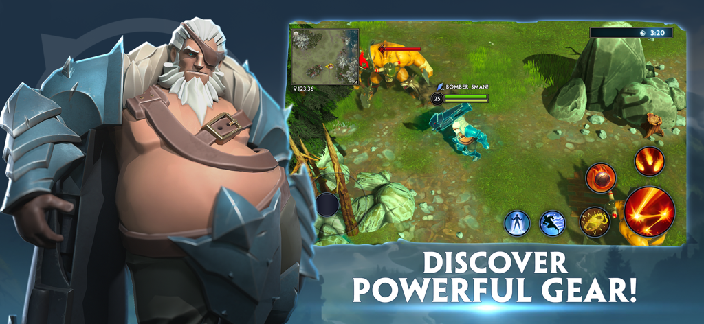 World Eternal Online - A hero illustration and a gameplay screenshot of a boss battle in World Eternal Online with the text Discover Powerful Gear.