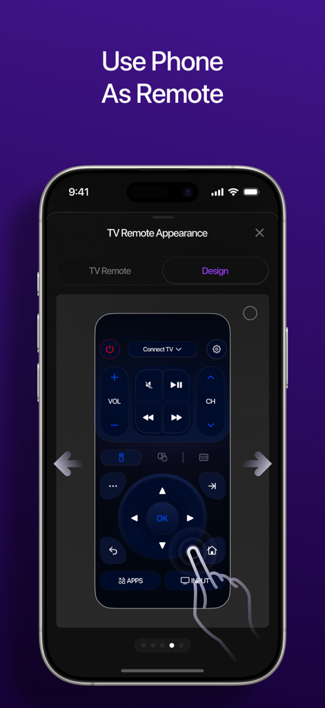 Universal TV・Remote Control・ - iPhone showing the universal TV remote control app interface with a custom dark design and navigation buttons