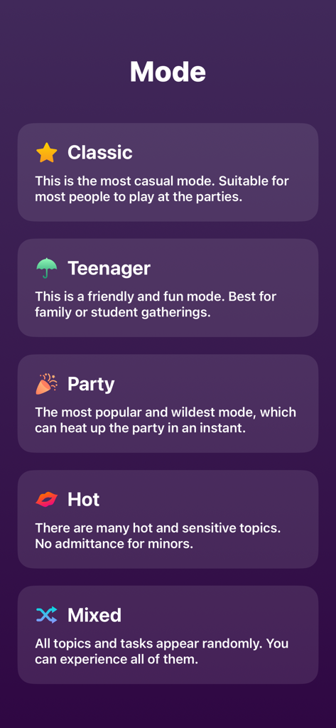 Truth or Dare: Fun Party Games - Tela de seleção para os modos de jogo Truth or Dare, incluindo Clássico, Adolescente, Festa, Quente e Misto