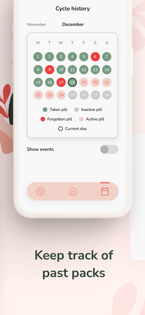 Pill Time : Birth Control - Tela de histórico de ciclo do aplicativo Pill Time mostrando um calendário com a ingestão de pílulas anticoncepcionais registrada