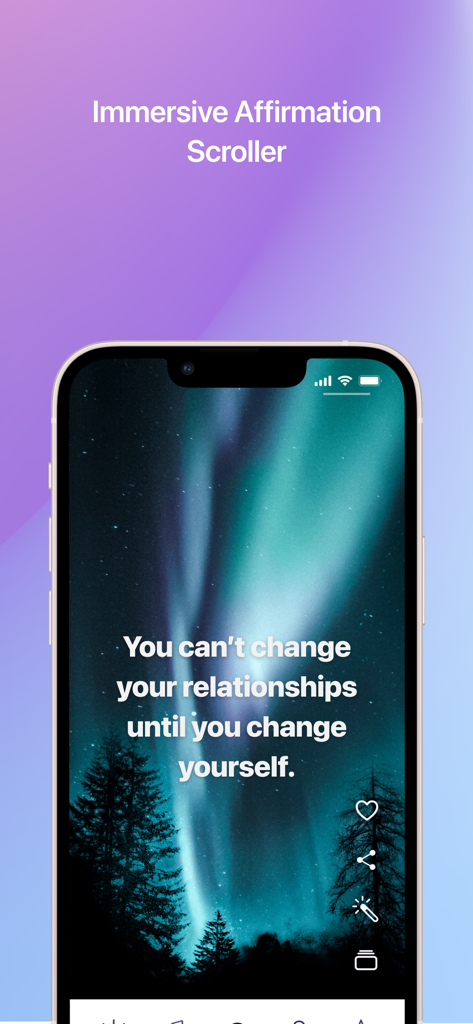 Third Eye Thoughts - Third Eye Thoughtsアプリの画面。オーロラを背景にした毎日のアファメーションが表示されています。