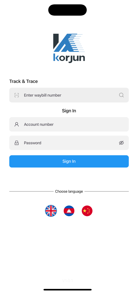 Korjun Express - Korjun Expressログイン画面、追跡・トレース入力および多言語オプション付き