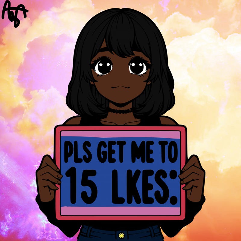 realistic girl holding up a sign that says “pls get me to 15 likes!”