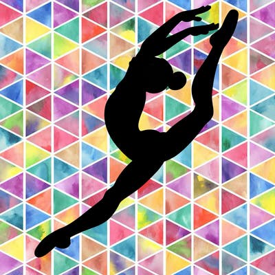 gymnast doing a leap in a leotard with a bent back leg