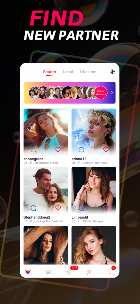3Somer: Couple, Singles Dating - A screenshot of the 3Somer dating app search screen showing various profiles of singles and couples with filters for location and interests.