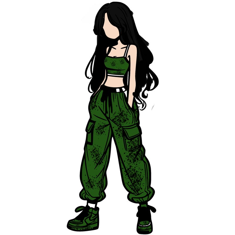 girl in baggy pants crop top and long hair