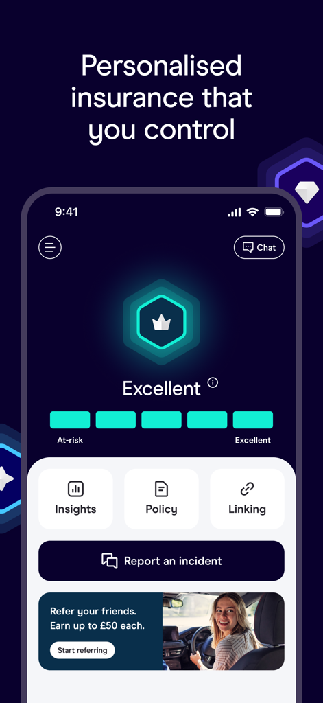 Zego Sense - Zego Sense mobile app interface showing a high driving score and insurance policy controls