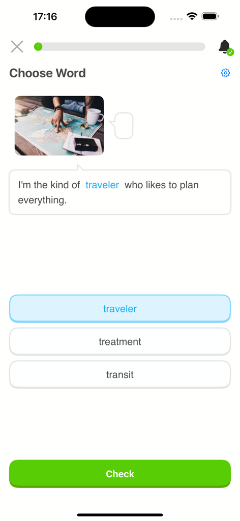 2000 Core English Words (2) - 객관식 선택지가 있는 traveler 단어에 대한 영어 어휘 퀴즈를 보여주는 모바일 앱 화면