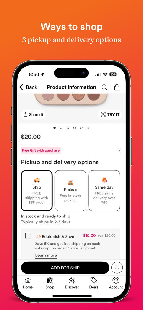 Ulta Beauty: Makeup & Skincare - Ulta Beauty app product page showing various pickup and delivery options including shipping and in store pickup