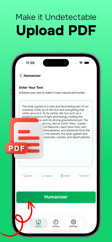 A mobile app interface showing the feature to upload a PDF for humanizing AI generated text to make it undetectable