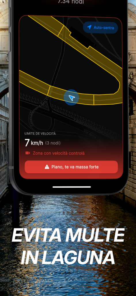 VeVè - Interfaz de la aplicación VeVe mostrando un mapa náutico de Venecia con una advertencia de límite de velocidad y alerta para reducir la velocidad.