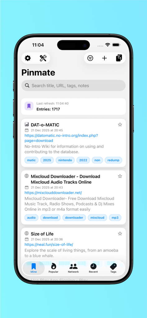 Pinmate for Pinboard - Pinmate app interface showing a list of saved bookmarks with tags and descriptions on iPhone
