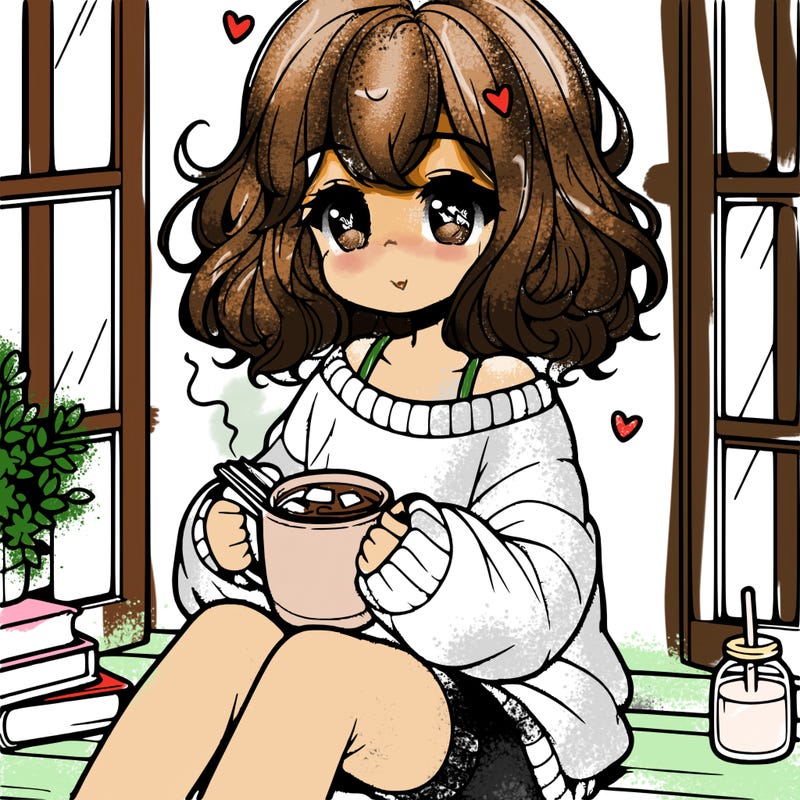 cute anime girl reading book and drinking hot chocolate from mug with loose wavy hair wearing a baggy sweatshirt and shorts sitting by windowsill looking out