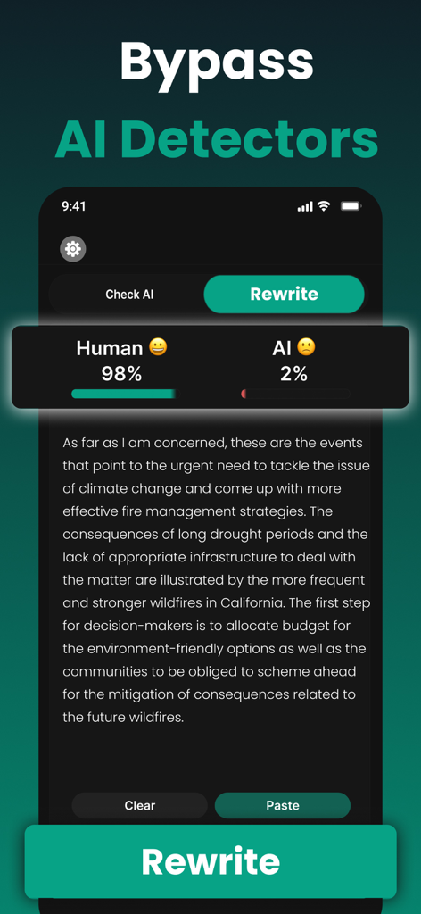 AI Detector - Undetectable AI - AI Detector app screenshot showing text rewritten to achieve a high human score