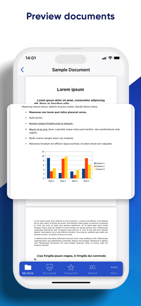 Icedrive – Cloud Storage - Icedrive mobile app showing a document preview with text and a bar chart