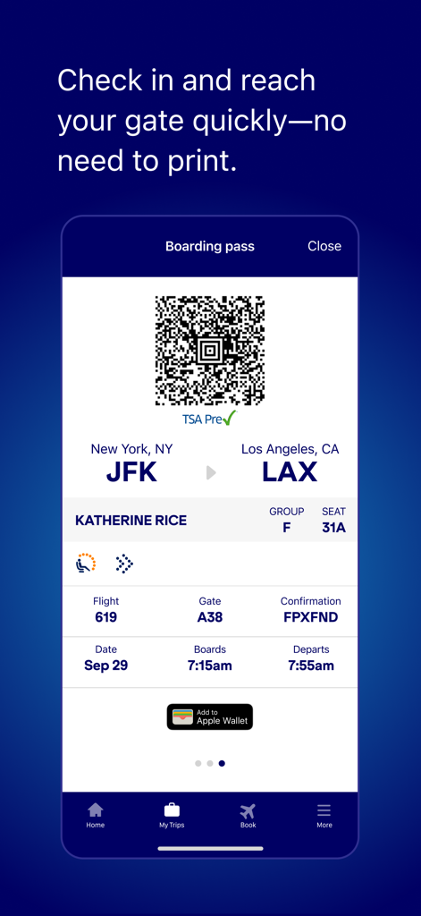 JetBlueモバイルアプリに、ニューヨークからロサンゼルスへのフライトのデジタル搭乗券が表示されています。