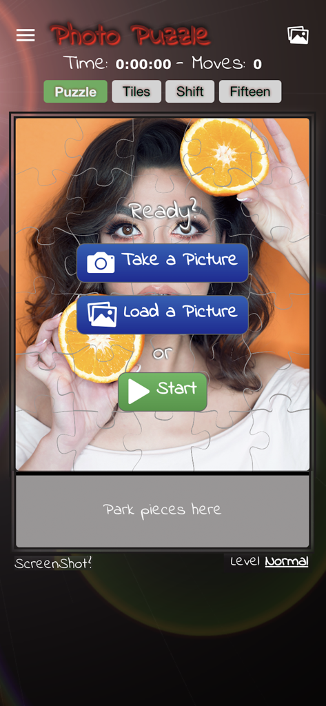 PhotoPuzzle with your photos - Main screen of the Photo Puzzle app showing a jigsaw puzzle overlay on a portrait with options to take or load a picture.