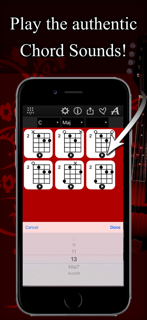 Mandolin Chords Compass - Interfaccia dell'app Bussola Accordi Mandolino su iPhone che mostra diagrammi di accordi e funzionalità di riproduzione audio.
