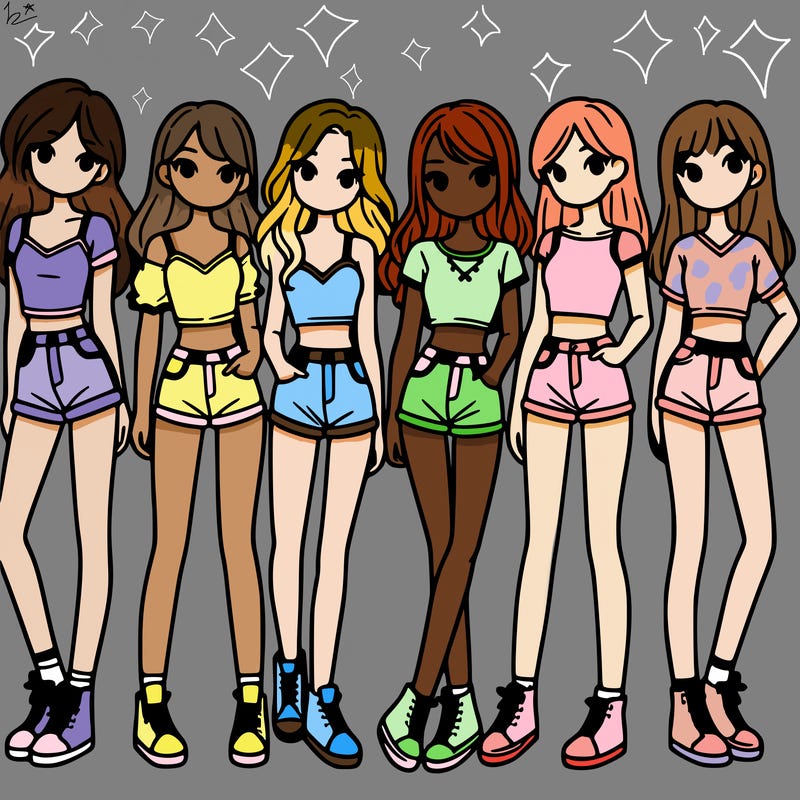 a group of girls wearing crop tops and shorts