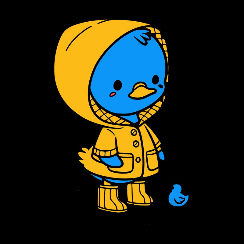 baby duck in a rain coat and boots, in a puddle while it’s raining