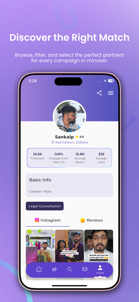 Influish: Influencer Marketing - ブランドマッチングのためのフォロワー数やエンゲージメント率などの統計情報を示すInfluishアプリのインフルエンサープロファイル。