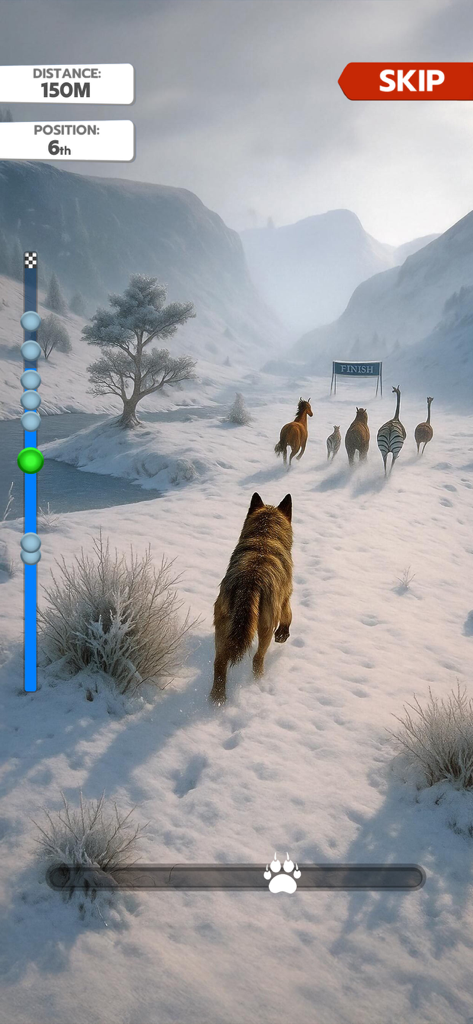 Animal Run: Wild Race - Un loup courant contre d'autres animaux sur une piste de montagne enneigée dans le jeu mobile Animal Run Wild Race.