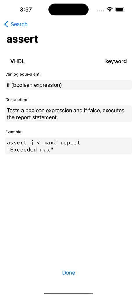 Una captura de pantalla de la aplicación VHDL Ref que muestra los detalles de la palabra clave 'assert', incluido su equivalente en Verilog y un ejemplo de código.